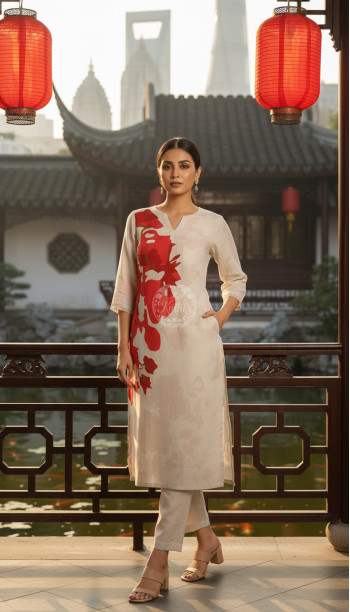 Beige Linen Botanical Print Kurta Set